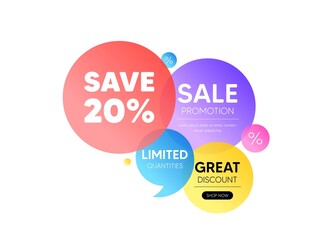 Discount offer bubble banner. Save 20 percent off tag. Sale Discount offer price sign. Special offer symbol. Promo coupon banner. Discount round tag. Quote shape element. Vector