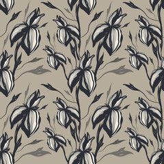 Iris flower bud graphic outline line silhouette texture seamless pattern. Print for packaging, wallpaper, textiles, fabric, stationery