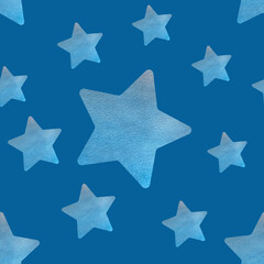 Seamless pattern with stars on a blue background. Hand painted star shaped acrylic background.