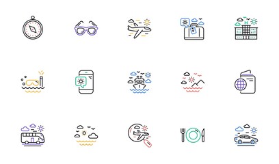Travel line icons. Passport, Luggage and Check in airport. Sunglasses linear icon set. Bicolor outline web elements. Vector