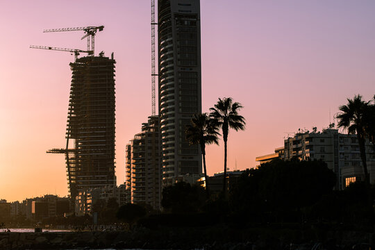 High-rise buildings of Limassol on sunset