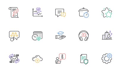 Ranking star, Cloud computing and Headphones line icons for website, printing. Collection of Interview, Night city, Boiling pan icons. Cardio calendar, Comment, E-mail web elements. Vector