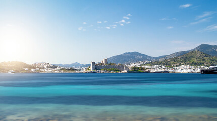 Fototapeta na wymiar Long exposure photo of Bodrum castle on sunny day. Tourism and leisure concept.