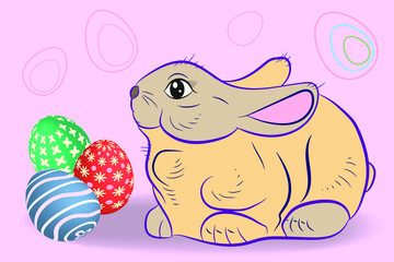 

Easter holiday. Graphic image of Easter eggs and a rabbit on a light background. 
Vector image, background, design.
