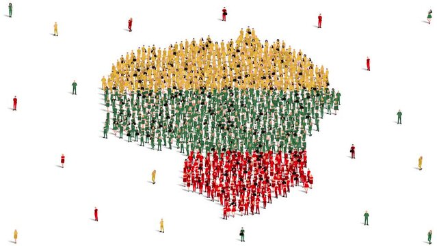 Lithuania Map and Flag. A large group of people in the Lithuania flag color form to create the map. 4K Animation Video.
