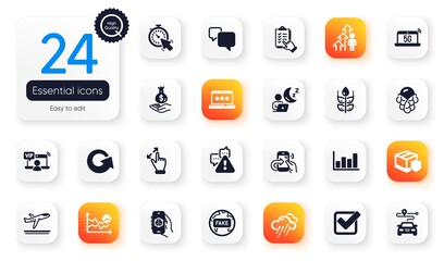 Set of Business flat icons. Employee result, Checkbox and Fake news elements for web application. Touchscreen gesture, 5g notebook, Timer icons. Income money, Journey, Rainy weather elements. Vector