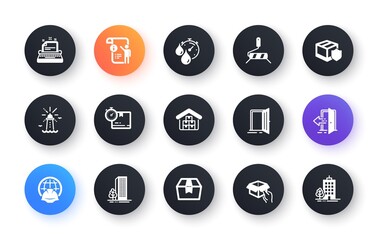 Minimal set of Global engineering, Buildings and Open door flat icons for web development. Cardboard box, Typewriter, Lighthouse icons. Package box, Delivery insurance, Timer web elements. Vector