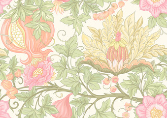 Fantasy flowers in retro, vintage, jacobean embroidery style. Seamless pattern, background. Vector illustration.