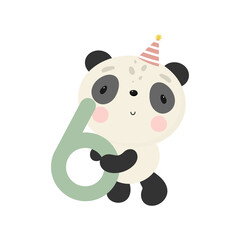 Birthday Party, Greeting Card, Party Invitation. Kids illustration with Cute Panda and and the number six. Vector illustration in cartoon style.