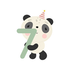 Fototapeta premium Birthday Party, Greeting Card, Party Invitation. Kids illustration with Cute Panda and and the number seven. Vector illustration in cartoon style.