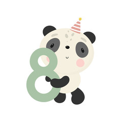Birthday Party, Greeting Card, Party Invitation. Kids illustration with Cute Panda and and the number eight. Vector illustration in cartoon style.