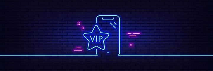 Neon light glow effect. Vip phone line icon. Very important person smartphone sign. Exclusive privilege symbol. 3d line neon glow icon. Brick wall banner. Vip phone outline. Vector - obrazy, fototapety, plakaty