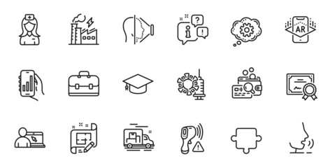 Outline set of Analysis app, Hospital nurse and Graduation cap line icons for web application. Talk, information, delivery truck outline icon. Vector