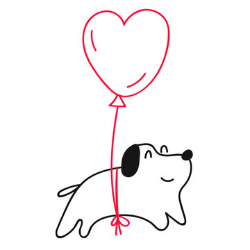 Happy dog with red balloon. Outline icon vector illustration.
