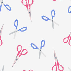 Scissors seamless pattern. School supplies. Perfect for hobbies, needlework, study and crafts. Sewing background and cloth design. Vector hand draw cartoon illustration.