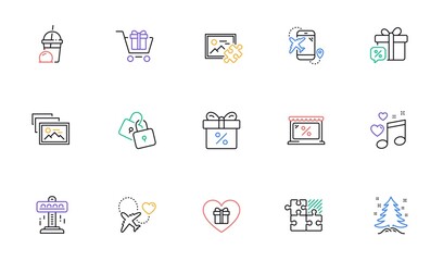 Locks, Market and Photo album line icons for website, printing. Collection of Discount offer, Attraction, Puzzle image icons. Puzzle game, Romantic gift, Shopping cart web elements. Vector