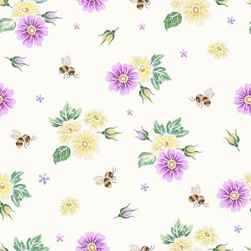 Bee seamless pattern. Embroidery daisy and bees, flying insects. Bedding silk stitch print, floral garden and botanical design, nowaday vector background