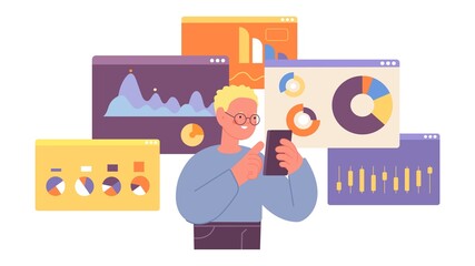 Children analytics. Modern clever boy programming and analysis. Guy with smartphone, geek development or management charts, vector concept