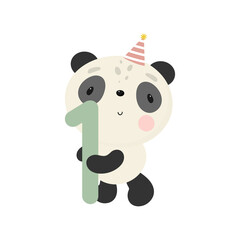 Birthday Party, Greeting Card, Party Invitation. Kids illustration with Cute Panda and and the number one. Vector illustration in cartoon style.