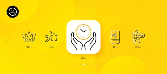 Fototapeta na wymiar Falling star, Crown and Fake internet minimal line icons. Yellow abstract background. Refrigerator, Safe time icons. For web, application, printing. Vector