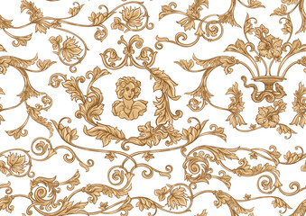 Seamless pattern, background In baroque, rococo, victorian, renaissance style. Trendy frolar vintage pattern in vintage beige colors. Vector illustration