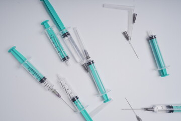 medical disposable injection syringe on a white background