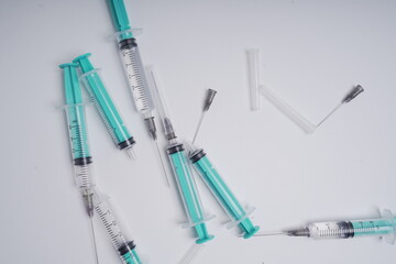 medical disposable injection syringe on a white background