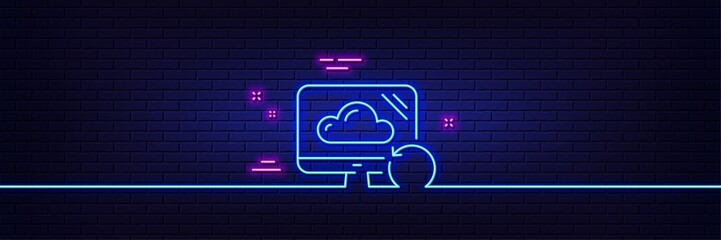 Neon light glow effect. Recovery cloud line icon. Backup data sign. Restore information symbol. 3d line neon glow icon. Brick wall banner. Recovery cloud outline. Vector