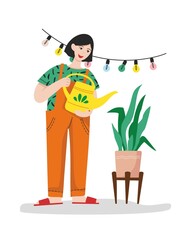 Girl with a watering can is watering flowers on the balcony isolated on white. Women's hobby. Balcony gardening. Concept of caring for plants in home. Vegetable garden in the city. Vector illustration