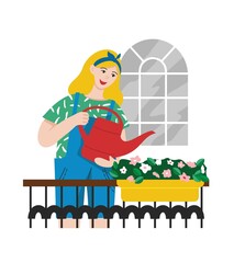 Girl with a watering can is watering flowers on the balcony isolated on white. Women's hobby. Balcony gardening. Concept of caring for plants in home. Vegetable garden in the city. Vector illustration