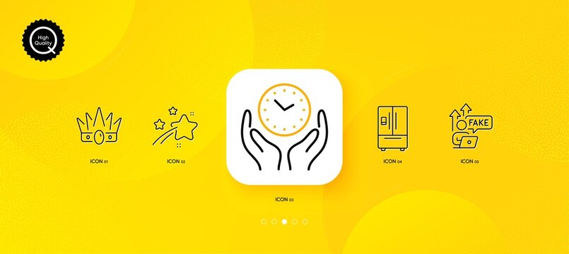Falling star, Crown and Fake internet minimal line icons. Yellow abstract background. Refrigerator, Safe time icons. For web, application, printing. Vector