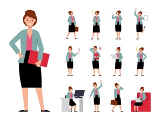 Office business woman character. Female manager working, talk phone and thinking. Girl doubt and find problem solution. Decent hr or boss vector person