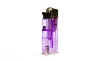 Purple colored plastic lighter on an isolated white background.