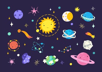 Flat cartoon universe. Space planets and moon, solar system and neptune. Colorful comets, stars, cute doodle childish astrology nowaday vector collection