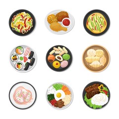 Korean dishes top view. Chinese traditional food, soup and dumpling. Asian meal with rice and vegetables, fried chicken and seafood. Dinner vector neoteric set