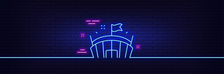 Neon light glow effect. Sports stadium line icon. Arena with flag sign. Sport complex symbol. 3d line neon glow icon. Brick wall banner. Arena outline. Vector