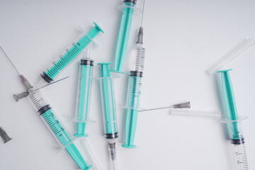 medical disposable injection syringe on a white background