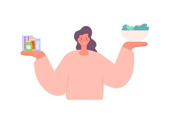 Vitamins in food or in pills. Healthcare, good mood and health. Choose right meal. Medications vs vegetables and fruits. Happy woman hold dish with greens and drugs, vector concept