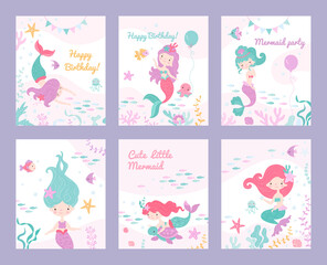Fototapeta na wymiar Mermaid invite cards. Children invitation, birthday party or postcards posters with mermaids and fish. Underwater tale characters on nowaday vector baby banners