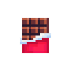 Chocolate bar icon. Pixel art flat style. Red wrapped chocolate8-bit. Isolated vector illustration.