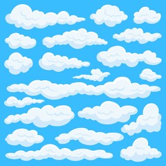 Cartoon clouds set. Isolated cloud clipart, art game elements. Blue sky, flat smoke and comic white fluffy shapes. Weather neoteric vector collection