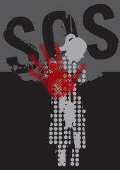 SOS call for help, woman, victim of violence and war. Grunge stylized silhuette of scared, depressed woman with hand in defensive position. Vector available.
