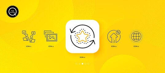 Fototapeta na wymiar Globe, Photo album and Loan percent minimal line icons. Yellow abstract background. Loyalty points, Online voting icons. For web, application, printing. Vector