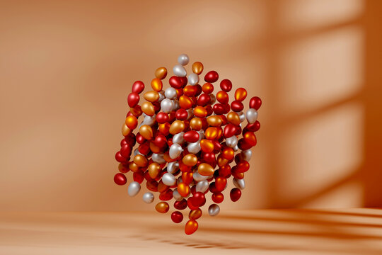 Three dimensional render of floating cube made of metallic eggs