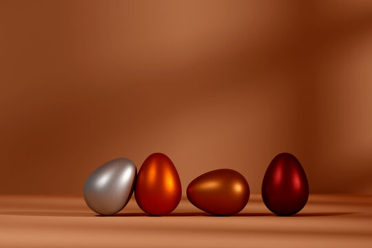 Three dimensional render of row of metallic eggs