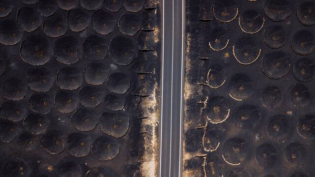 Spain, Lanzarote, Aerial view of highway cutting through Bodega La Geria vineyard
