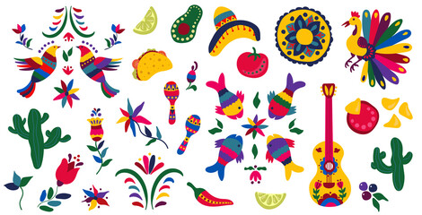 Set for the holiday Cinco de mayo. Hand-drawn flat style. White background, isolate. Vector illustration.	