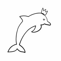 Dolphin queen in continuous one line style. Cute template in single line style for greeting cards. Contour line art design for t-shirt fashion print.