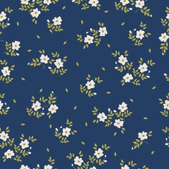 Seamless vintage pattern. white 
 flowers, green.  blue background. vector texture. fashionable print for textiles, wallpaper and packaging.