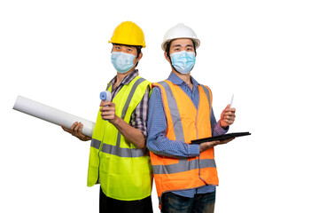 Two young asian engineers wearing surgical mask with tablet and blueprint isolated on white background. New normal concept. (With clipping path)